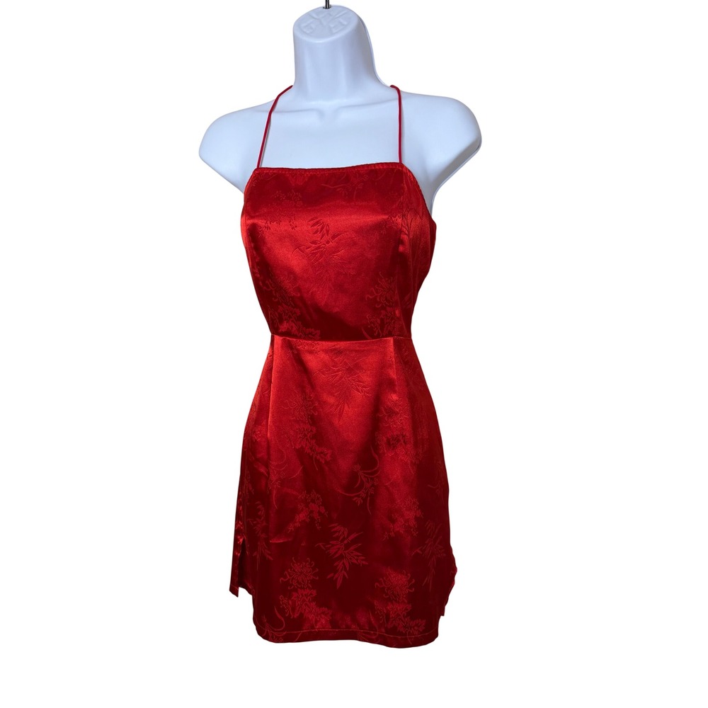 Pretty Little Thing Red Satin Floral Print Mini Dress Size‎ 6